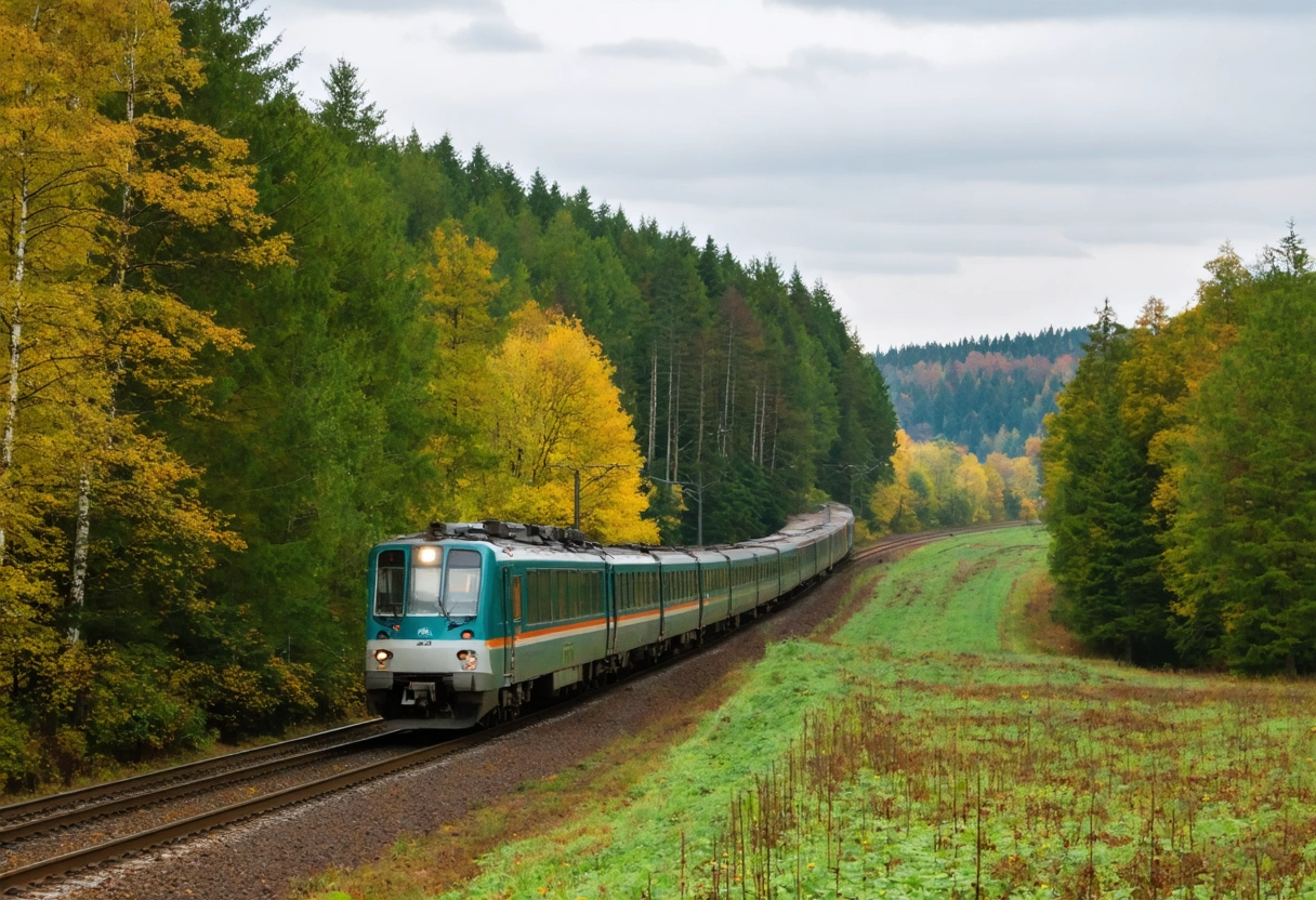 Zug fährt durch eine Waldlandschaft in Deutschland