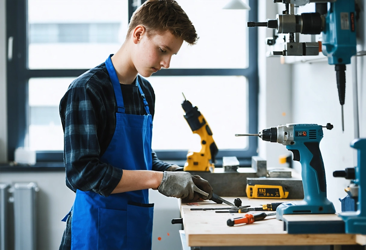 Junger Auszubildender in einer Werkstatt mit Werkzeug