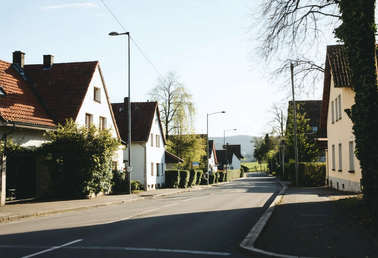 Ruhige Wohngasse in einer deutschen Kleinstadt an einem sonnigen Tag