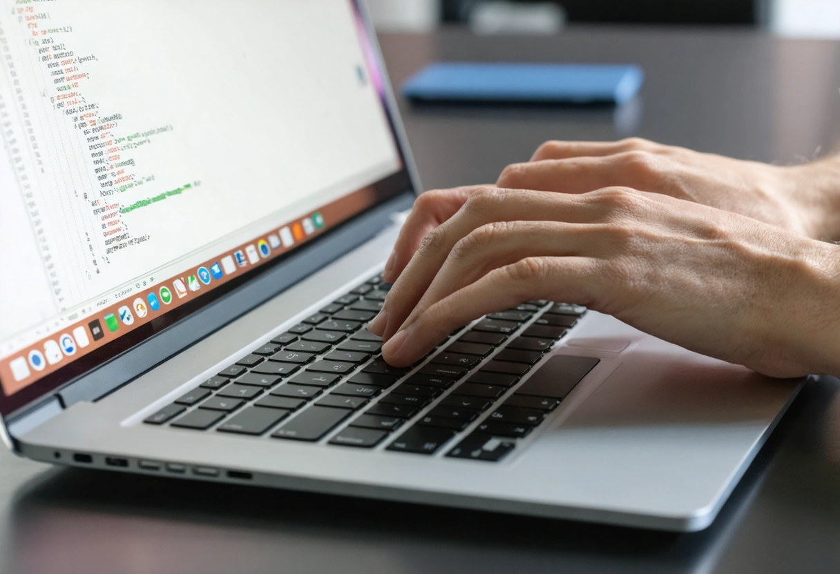 Hände tippen auf einem Laptop mit Code-Editor auf dem Bildschirm