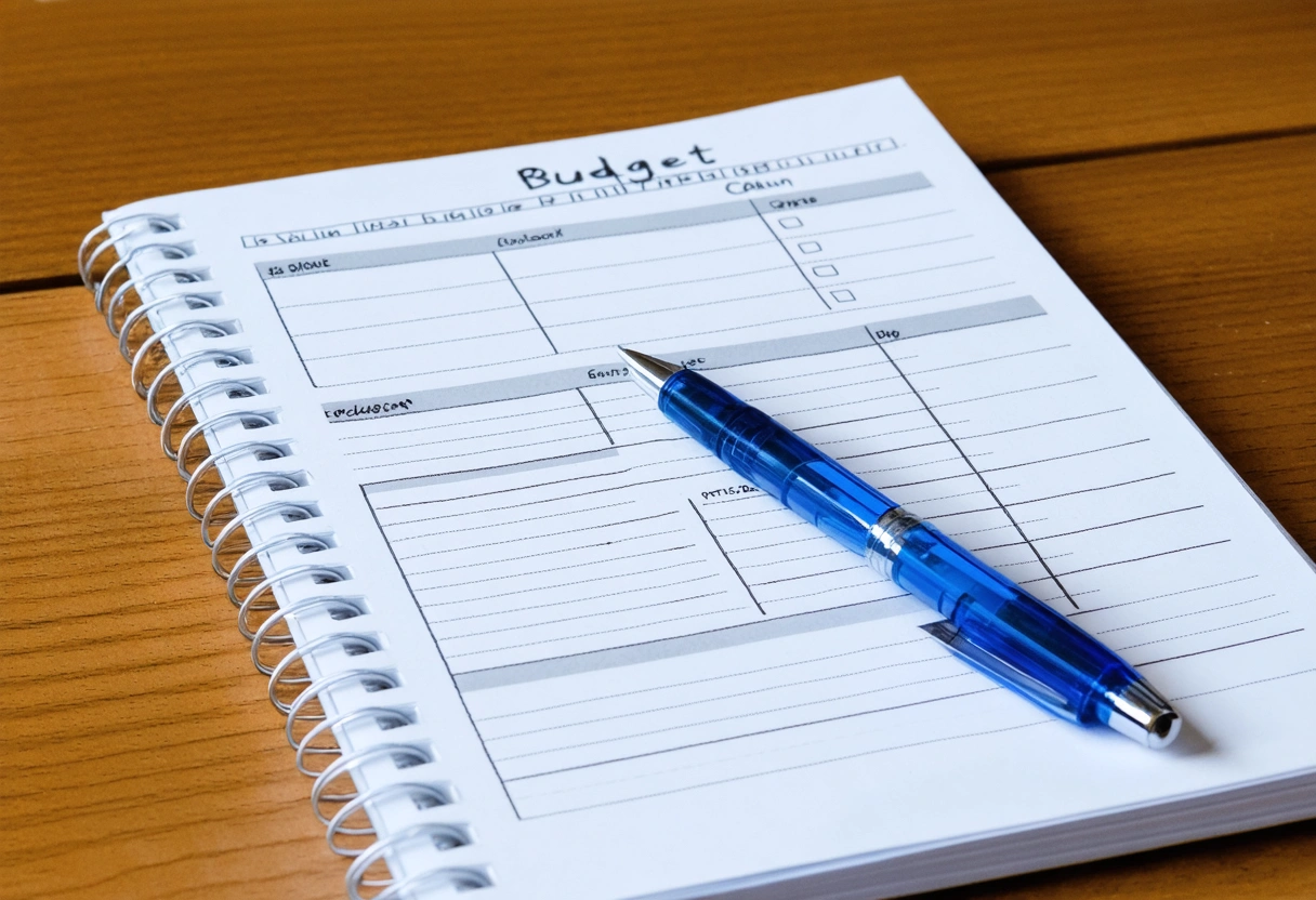 Notizbuch mit Budgetaufzeichnungen und Stift auf einem Tisch
