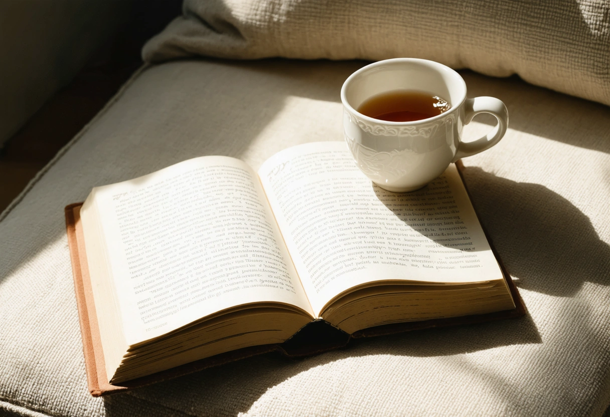 Offenes Buch auf einem Sofa, daneben eine Tasse Tee