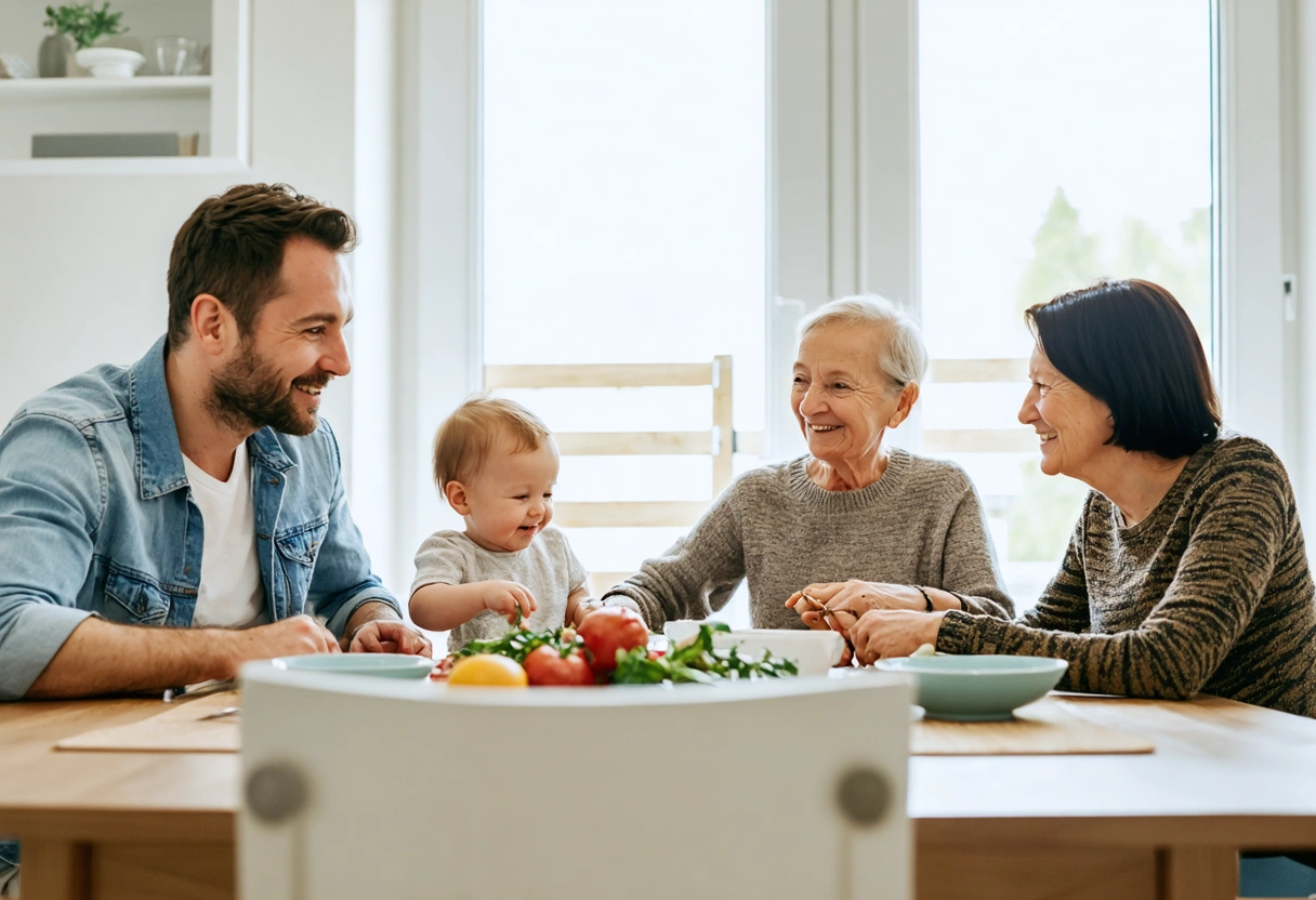 Mehrere Generationen einer Familie sitzen zusammen an einem Esstisch