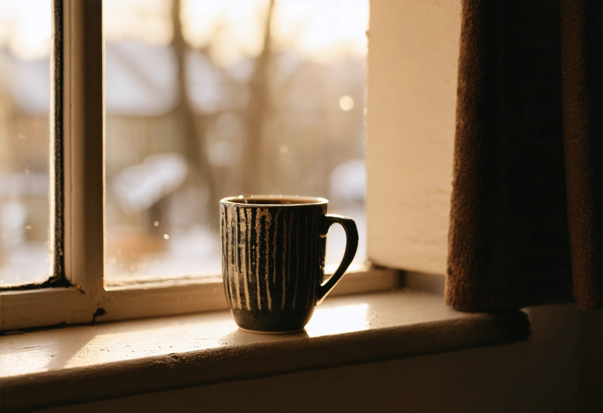 Eine Tasse Kaffee auf einem Fensterbrett im frühen Morgenlicht