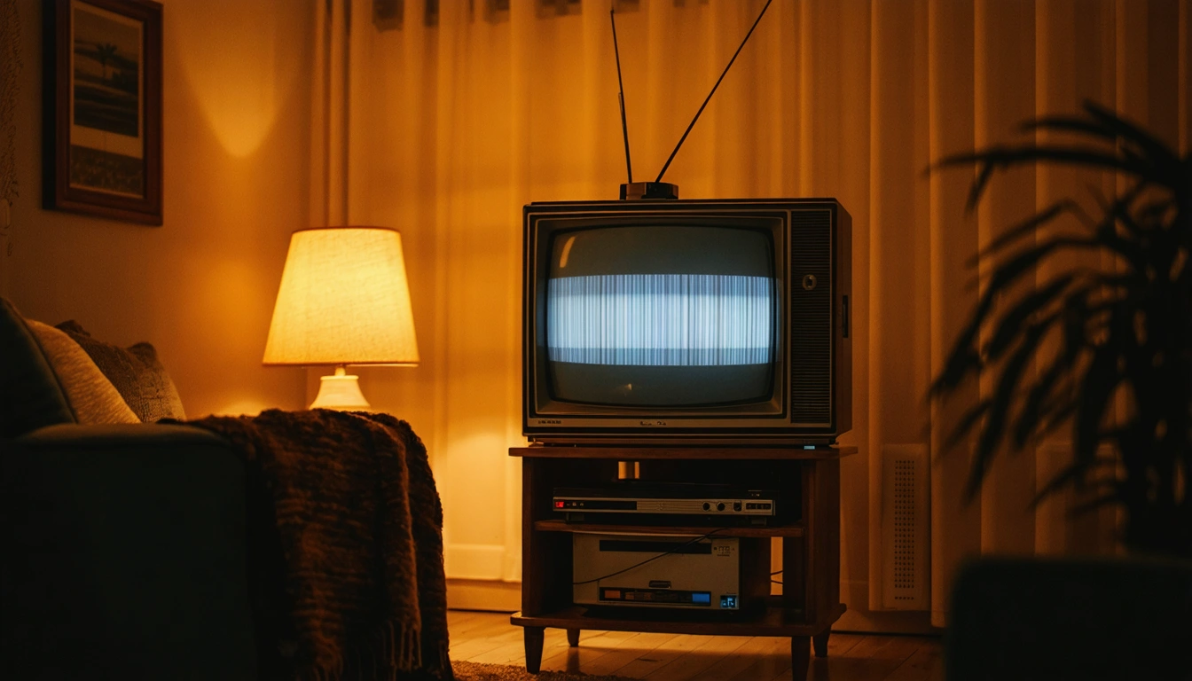 Ein vintage deutsches Fernsehgerät leuchtet warm in einem stillen Wohnzimmer
