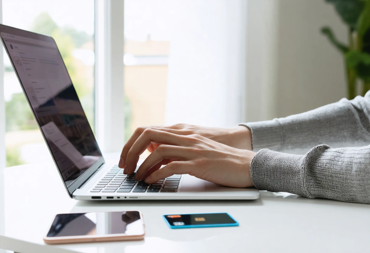 Eine Person nutzt Laptop und Handy beim Online-Shopping mit einer Kreditkarte in der Nähe