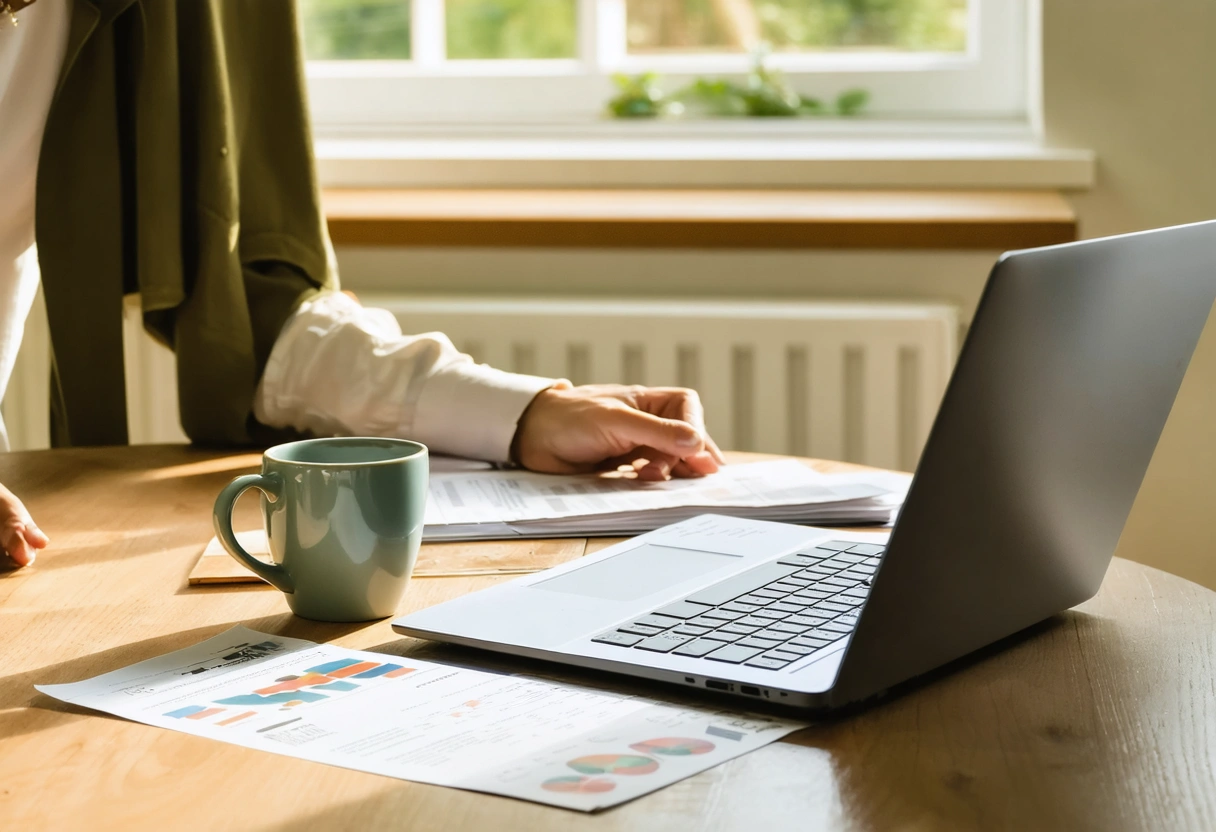 Eine Person prüft Finanzdokumente an einem Küchentisch mit Laptop und Kaffee