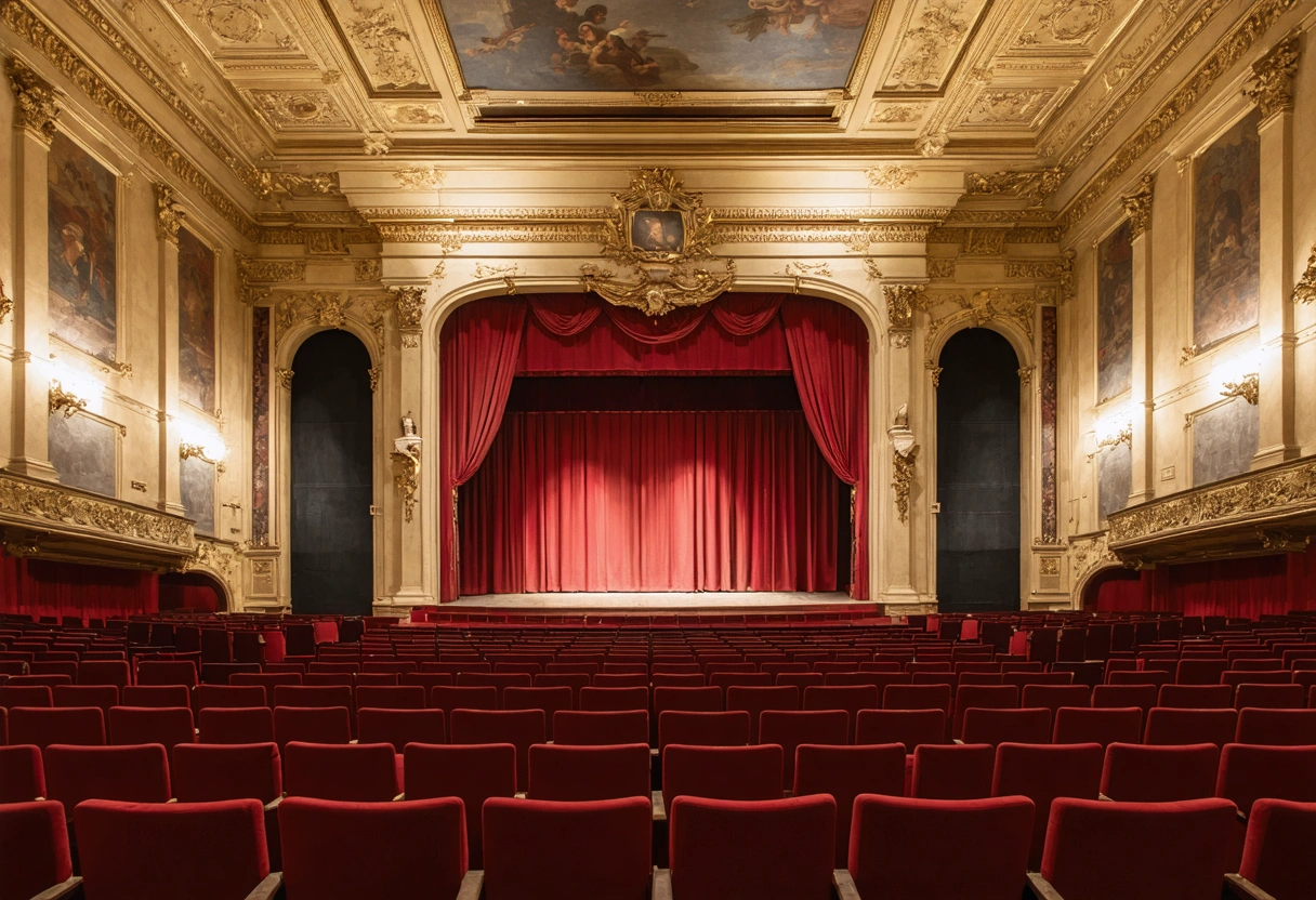 Ein leerer historischer Theatersaal mit ornamentaler Decke und rotem Samtvorhang