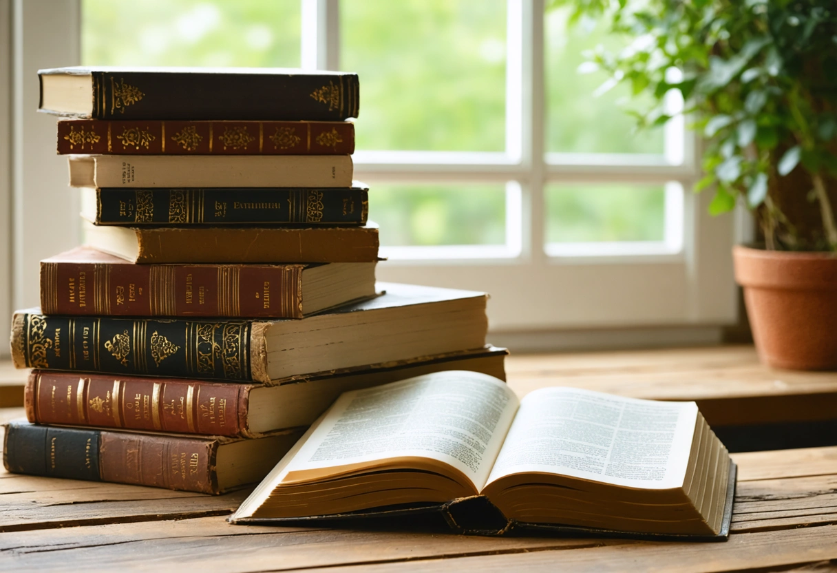 Stapel verschiedener Bücher auf einem Holztisch in einem ruhigen Raum