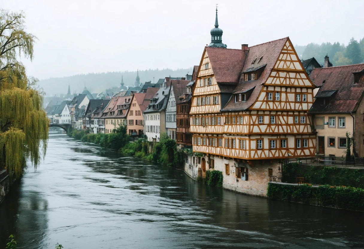Malerische Altstadt an einem Fluss in Deutschland